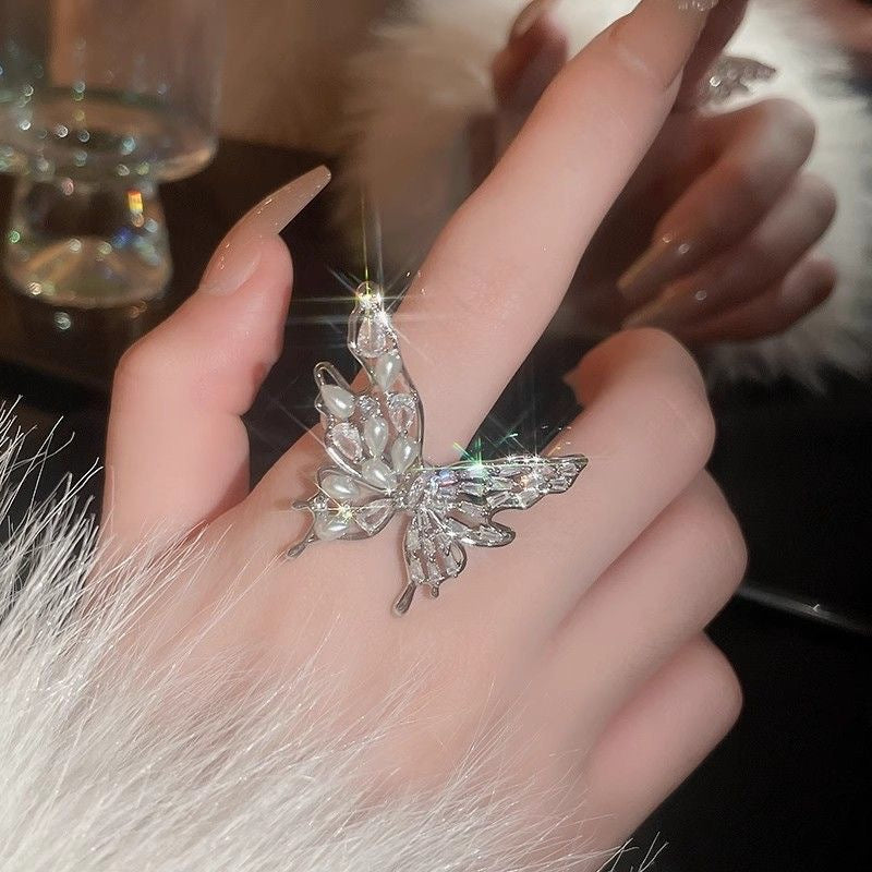 Butterfly Pearl Open Ring Elegant