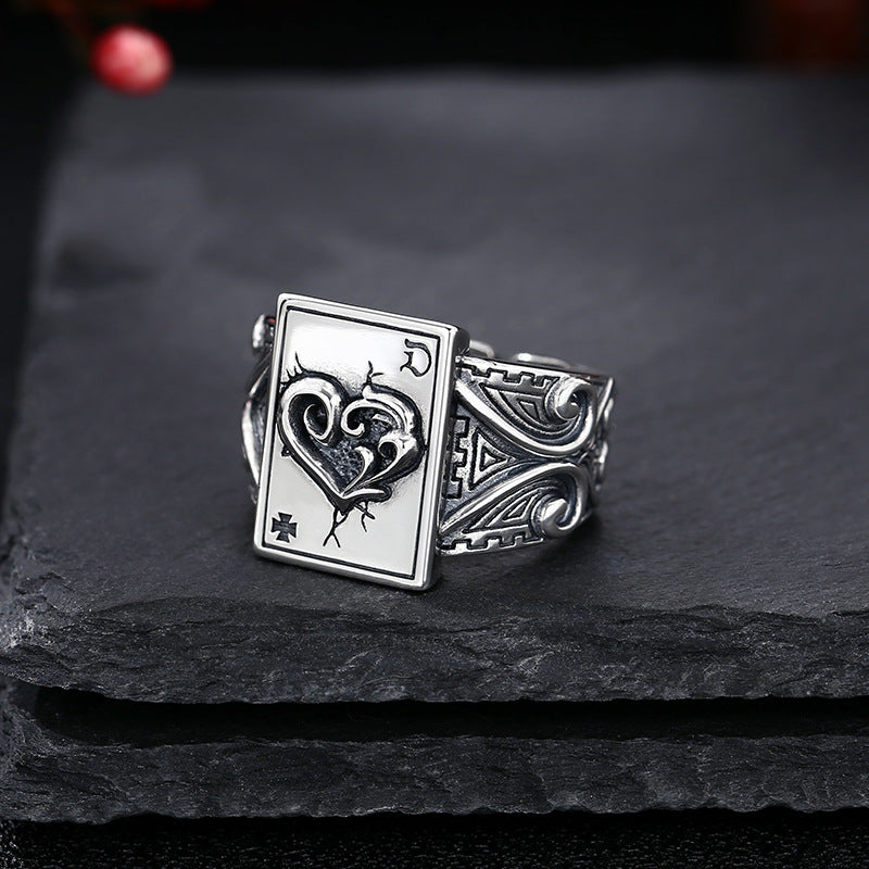925 Sterling Silver Poker Card Ring Open-End Adjustable