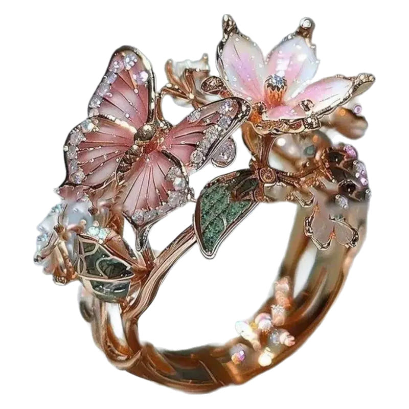 New Colorful Enamel Butterfly & Flower Open Ring, Fashion Jewelry