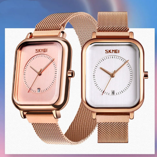 Fashionable Mens Square Business Quartz  Mesh-Strap Waterproof Calendar Watch