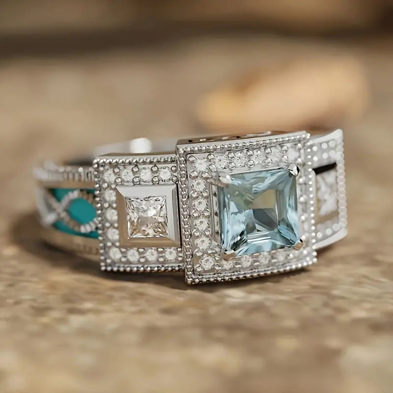 Jewelry Oil-drop Inlay Aquamarine Diamond Zircon Ring
