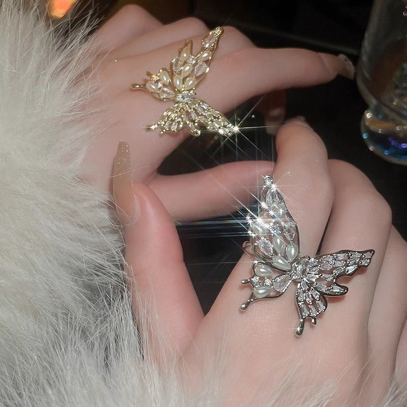 Butterfly Pearl Open Ring Elegant