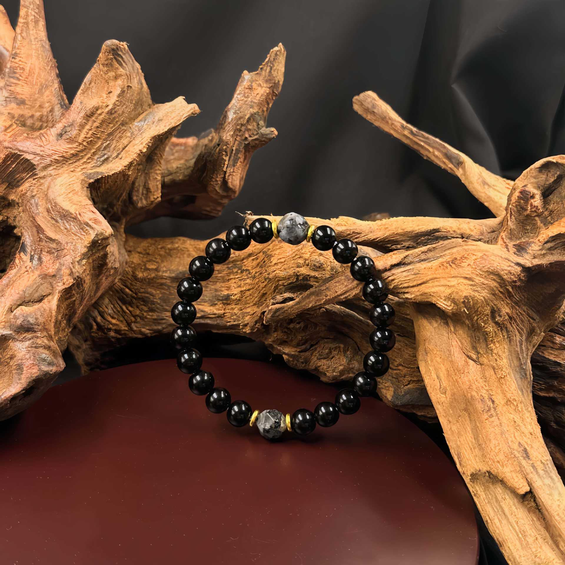 Retro Obsidian Elastic Handmade Mens Bracelet