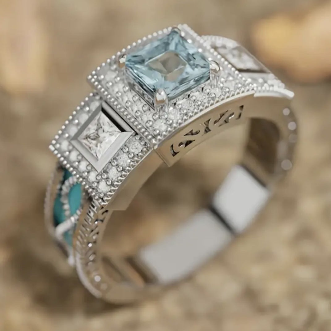 Jewelry Oil-drop Inlay Aquamarine Diamond Zircon Ring