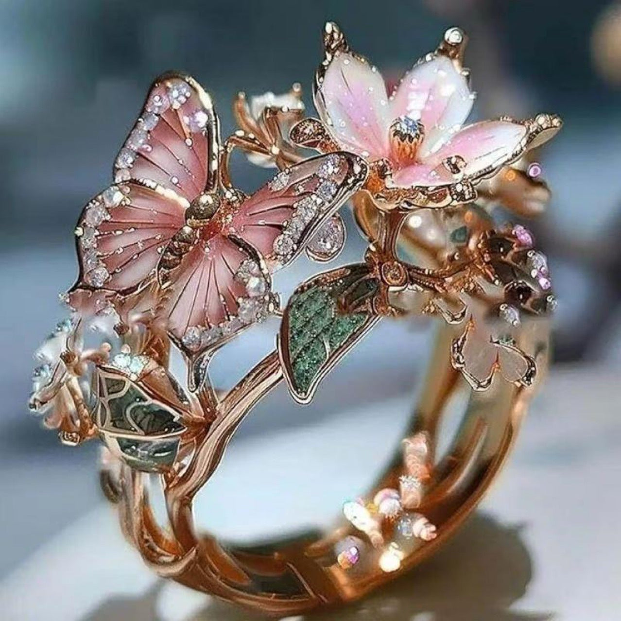 New Colorful Enamel Butterfly & Flower Open Ring, Fashion Jewelry