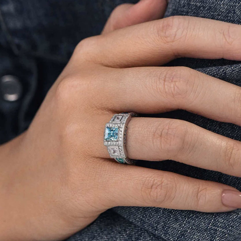 Jewelry Oil-drop Inlay Aquamarine Diamond Zircon Ring
