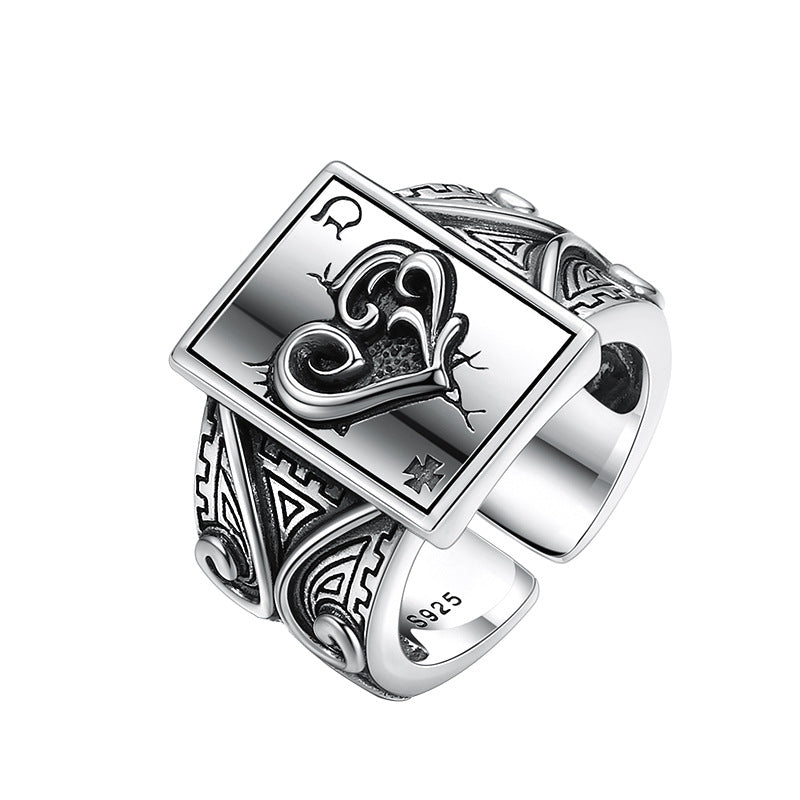 925 Sterling Silver Poker Card Ring Open-End Adjustable