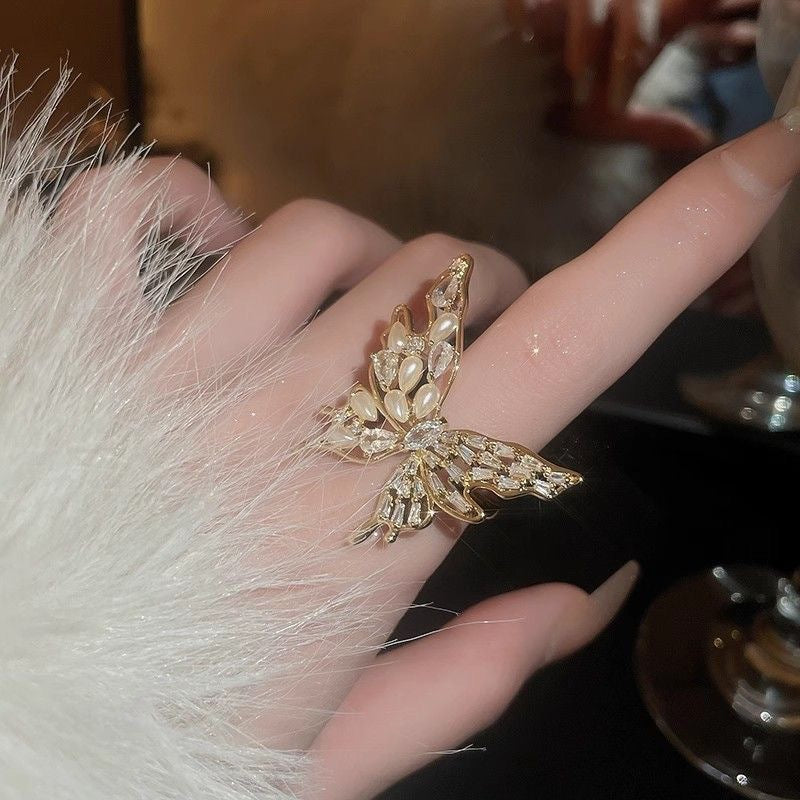 Butterfly Pearl Open Ring Elegant