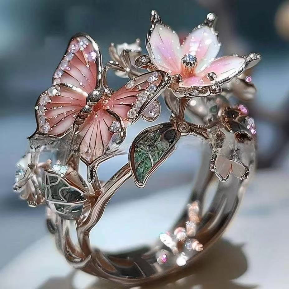 New Colorful Enamel Butterfly & Flower Open Ring, Fashion Jewelry
