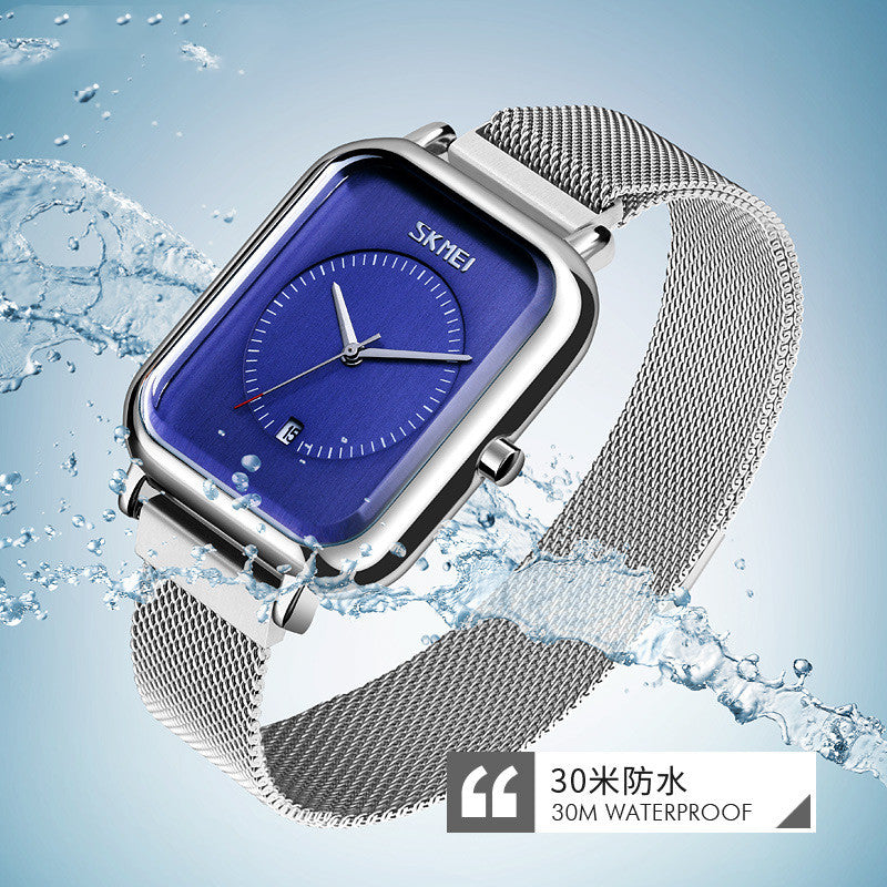 Fashionable Mens Square Business Quartz  Mesh-Strap Waterproof Calendar Watch