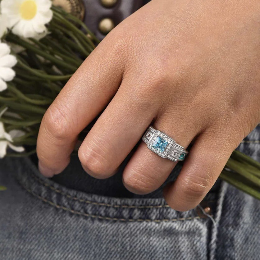 Jewelry Oil-drop Inlay Aquamarine Diamond Zircon Ring